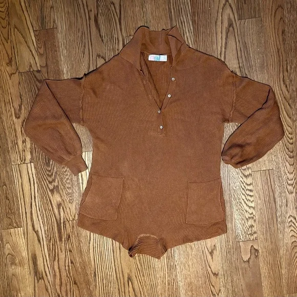 Free People Beach Picnic Sweater Romper Linen Cotton Red Brown XS - Picture 2 of 8